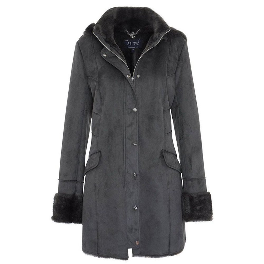 ARMANI JEANS LONG HOODED FAUX LEATHER AND FUR COAT